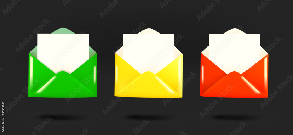Poster Different color envelopes icons collection. 3d vector isolated on black background