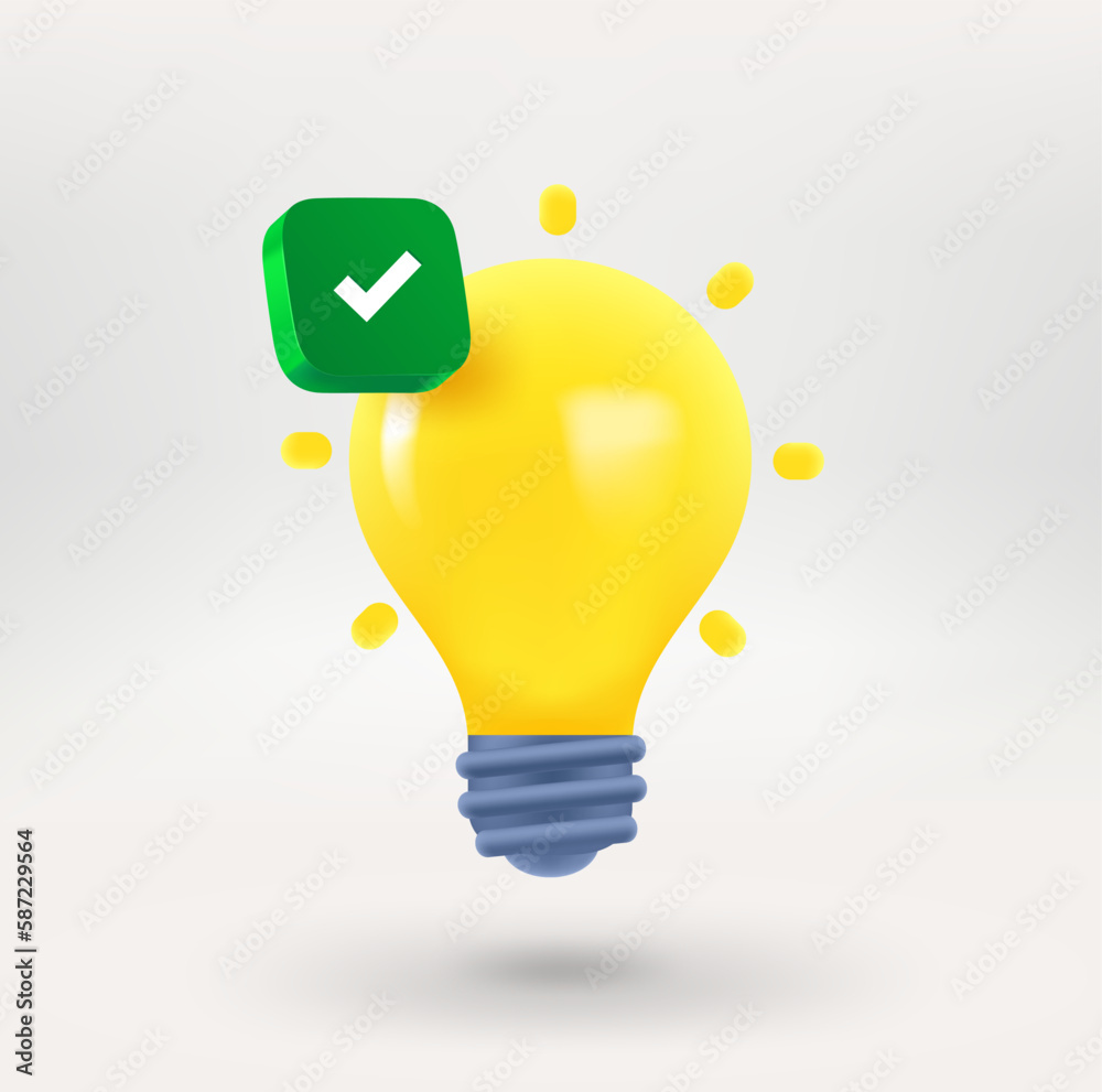 Poster Lighting bulb icon with green check mark. 3d vector icon 
