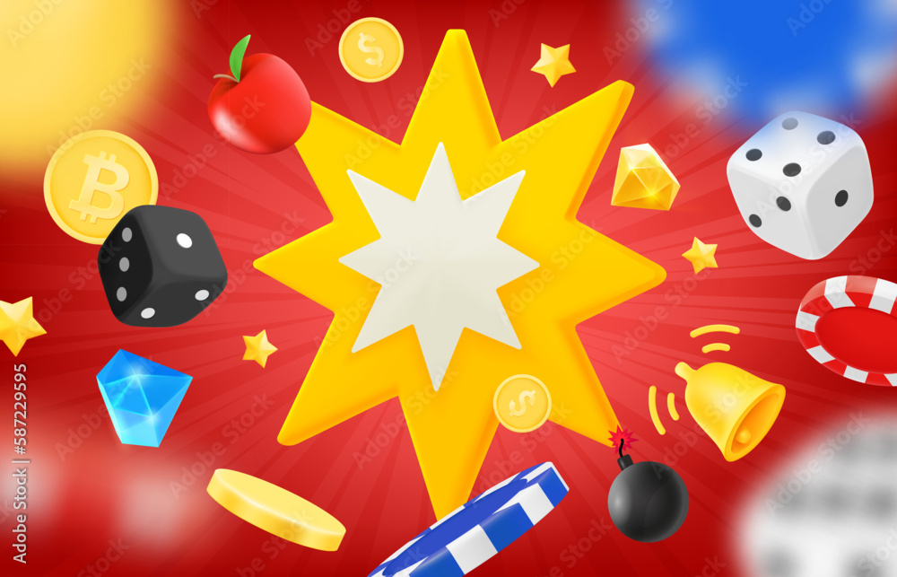 Poster you win concept with flying casino elements and flash with copy space. 3d vector illustration