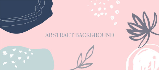 Horizontal abstract minimalist background with organic shapes, lines, leaves, flowers and textures. Hand drawn contemporary vector illustration.