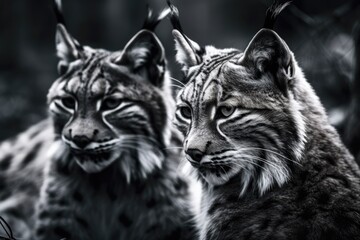 Black and white lynx playing with each other at Wildpark Gangelt, Germany. Generative AI