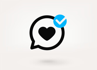 Speech cloud pictogram with heart pictogram and approve check mark. Linear vector linear icon