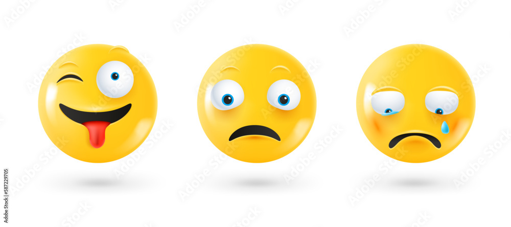 Poster Different facial emoticons 3d vector set. Emoji isolated on white background with shadow