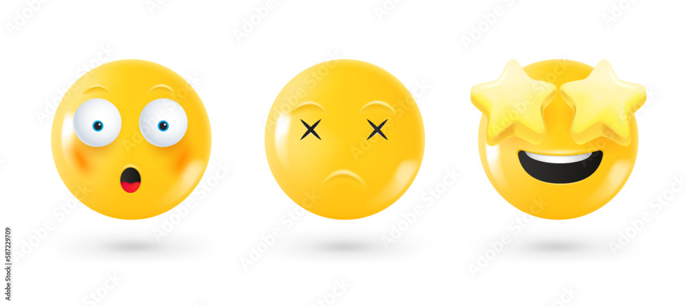 Aufkleber different facial emoticons 3d vector set. emoji isolated on white background with shadow