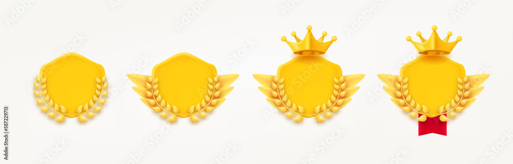 Poster different game rank emblems with shields and wreaths. game achievement badges collection. 3d vector 