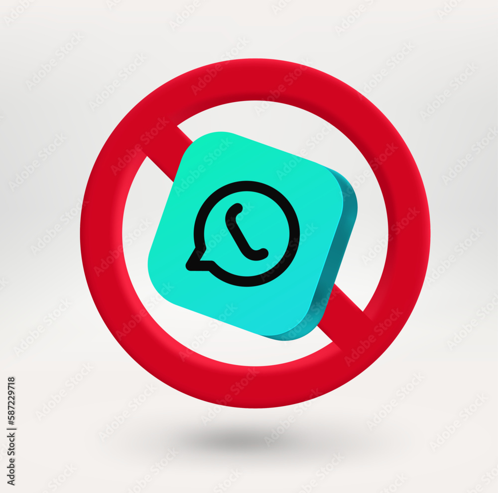Poster Mobile phone chat icon in red circle with crossed line. 3d vector icon 

