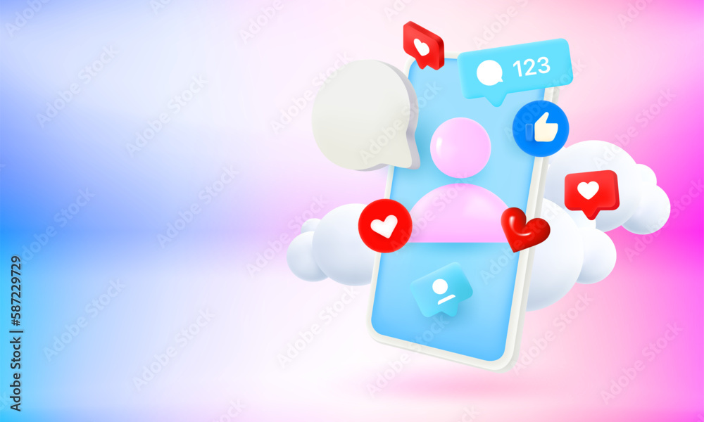 Poster social media concept with mobile phone and emoji. 3d vector banner with copy space