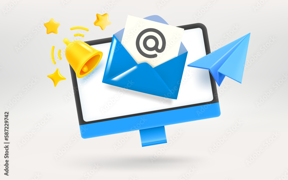Poster computer monitor with letter, plane and bell. receiving message concept. 3d vector illustration