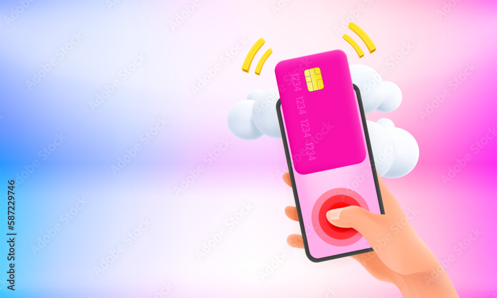 Aufkleber Man using credit card for payment via smartphone. 3d vector banner with copy space