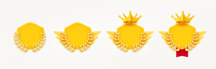 Different game rank emblems with shields and wreaths. Game achievement badges collection. 3d vector clipart isolated on white background