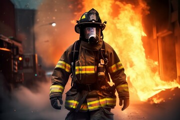 Naklejka premium Firefighter walking at street on fire. Generate Ai