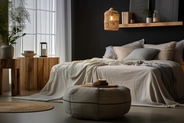 Pouf and wood in warm natural bedroom with white cushions on bed and seat near candle lit table. Generative AI