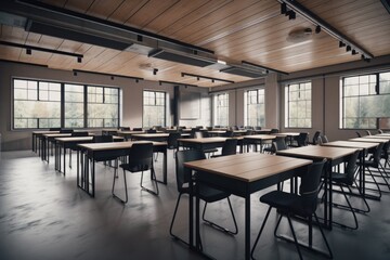 Fototapeta na wymiar empty classroom modern with desks and chairs. Generative AI