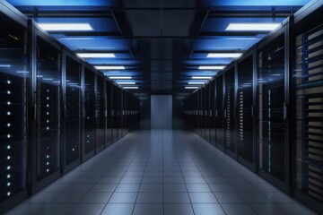 Fototapeta premium Shot of corridor in working data centre full of rack servers and supercomputers 