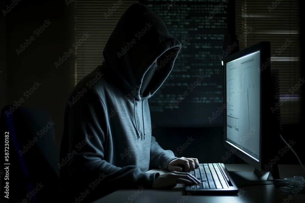 Poster hacker work at computer in hoodie. generate ai