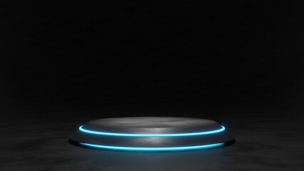 Sci-Fi Futuristic Podium, Futuristic blue Glowing Empty Showcase.Blank product pedestal for product presentation.Future background for design technology Sci-fi interior concept.3d Rendering.