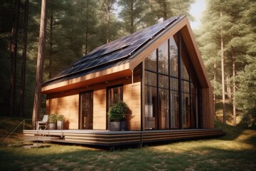 Fototapeta premium 3d render of modern forest cabin with solar panels on the roof
