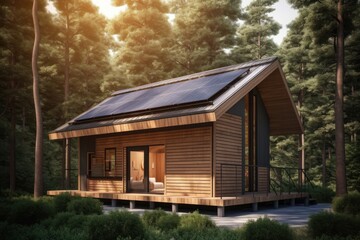 3d render of modern forest cabin with solar panels on the roof