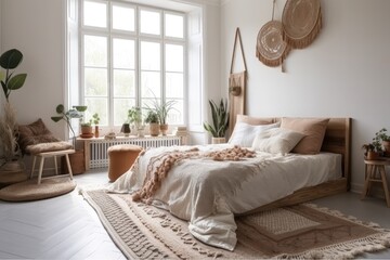 Side view of wonderful bedroom with plaid and pillows on comfy bed, home décor, and cushions on soft armchair in white boho interior design. Generative AI