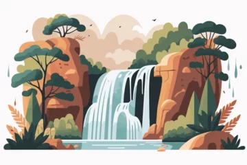Tuinposter Waterfall flat vector illustration. Cartoon landscape with waterfall and forest. © Vibrands Studio