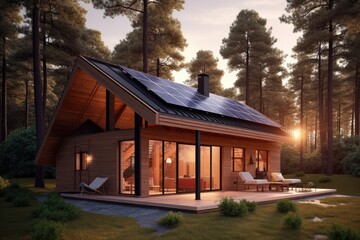 3d render of modern forest cabin with solar panels on the roof