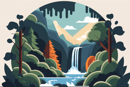 Landscape with a waterfall in the forest. Vector illustration in flat style