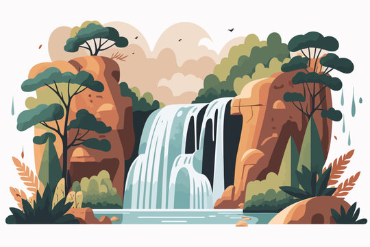 Waterfall flat vector illustration. Cartoon landscape with waterfall and forest.