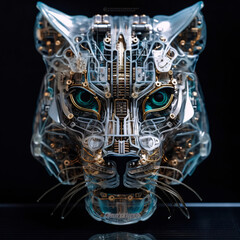 A Stunning Transparent Cyborg Wildcat Head with Visible Circuit Boards and Highly Precise Robotic Technology, Generative AI