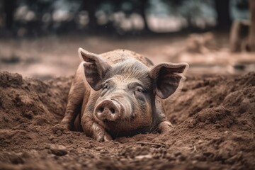 A large hog is napping in the dirt. A filthy pig lies down on the ground. Generative AI