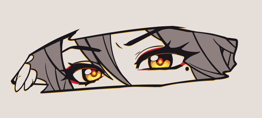 Anime manga eyes looking from a paper tear. Angry yellow sight, monochrome colors. Vector hand drawn.
