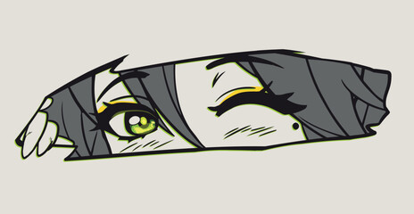 Anime manga eyes looking from a paper tear. Cute green flirty sight, monochrome colors. Vector hand drawn.