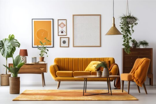 Retro living room with mock up poster frame, yellow velour couch, plants, wooden commode, coffee table, and personal belongings. Interior design. Template. Generative AI
