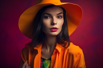 Beautiful fashion model portrait. European young woman wearing hat. Bright colors, stylish makeup. Generative AI