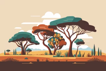 Fototapeten African savannah landscape with trees and bushes. Flat vector illustration. © Vibrands Studio