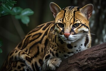 Ocelot perched on a branch of a tree. Generative AI