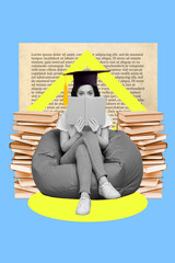 Vertical collage portrait of mini black white effect girl sit beanbag read book mortarboard hat...