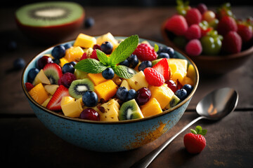 A bowl of fruit salad with a mix of fresh and juicy fruits - Generative AI