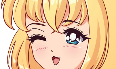 Anime manga blue eyes close up. Blonde hair. Hand drawn vector illustration