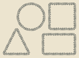 Tribal design, frames outline set. Hand drawn doodle ink stroke borders collection, zigzag decorative line. Circle, square, rectangle, triangle shapes for business cards, web design. Vector