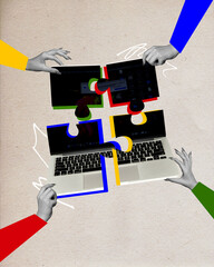 Human hands connecting puzzles made from laptops. Team work in IT department. Writing programmes...