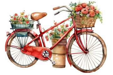 Obraz na płótnie Canvas red bicycle with a basket full of colorful flowers. Generative AI