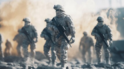 Soldiers in military uniform with weapons in their hands. Machine guns and body armor. generative ai