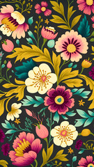 flower pattern on dark background colorful with leafs by generative ai