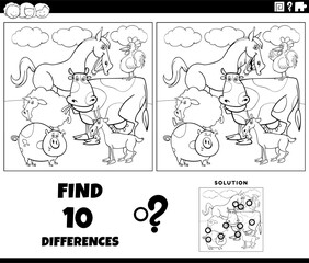 differences game with comic farm animals coloring page