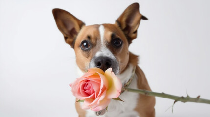 A cute dog holding beautiful flowers, mothers day banner. 