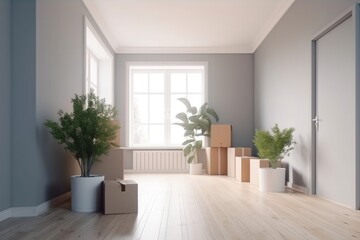 Empty room full with boxes and plants.Moving in the new home concept.Interior with moving boxes in empty white room 3d render