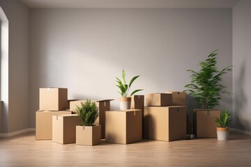 Empty room full with boxes and plants.Moving in the new home concept.Interior with moving boxes in empty white room 3d render