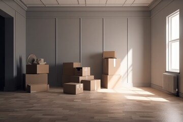 Empty room full with boxes and plants.Moving in the new home concept.Interior with moving boxes in empty white room 3d render