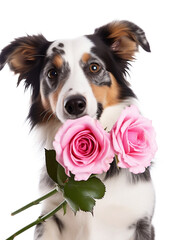 A cute dog holding flowers, mothers day card.