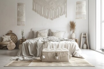 White bedroom wall. Scandi boho interior mockup. Free copy space for your image, text, or design. Macrame bed. Generative AI